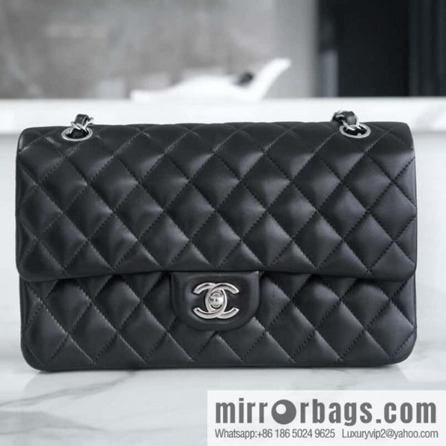 CHANEL \"Classic Flap\" Classic Mouth Bag, Black Sheep Silver 〰️ A01112