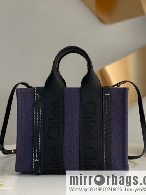 Chloe Woody linen with Pitot bag, navy blue with black small 26CM.
