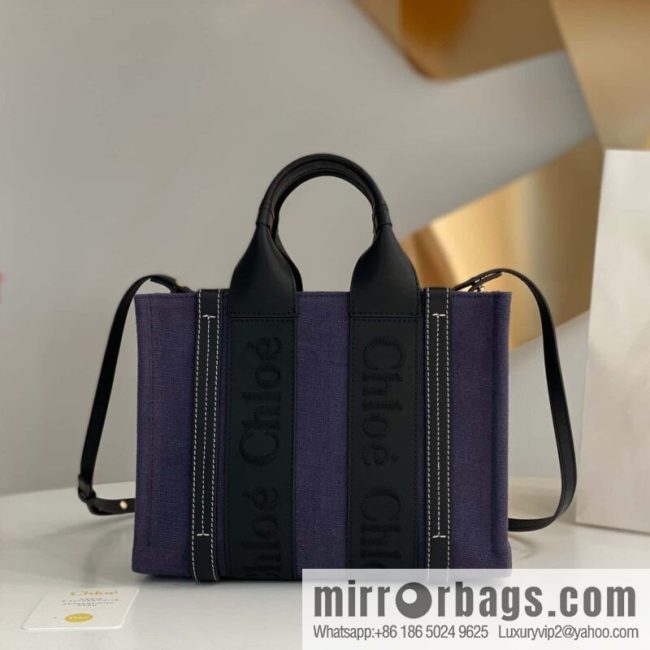 Chloe Woody linen with Pitot bag, navy blue with black small 26CM.