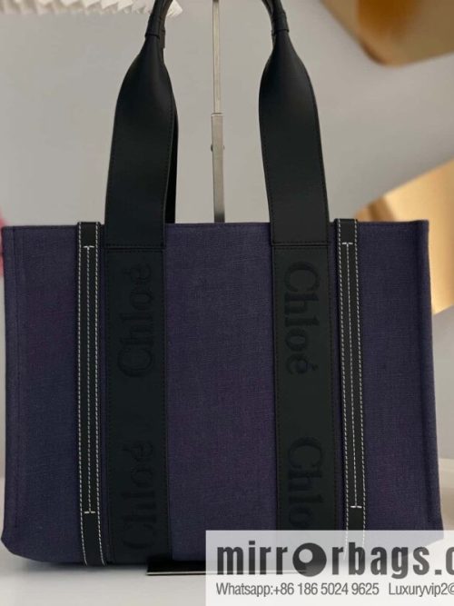 Chloe Woody Linen with Pitot Bag, Navy Blue with Black Medium 37CM