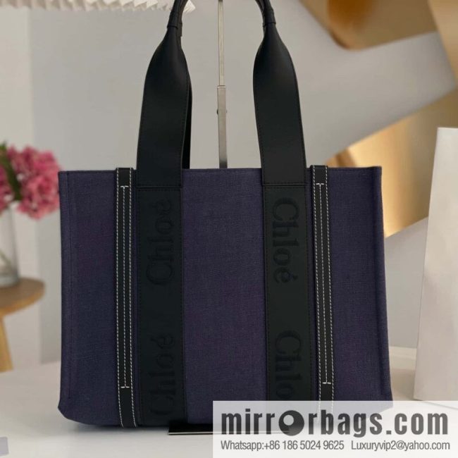 Chloe Woody Linen with Pitot Bag, Navy Blue with Black Medium 37CM
