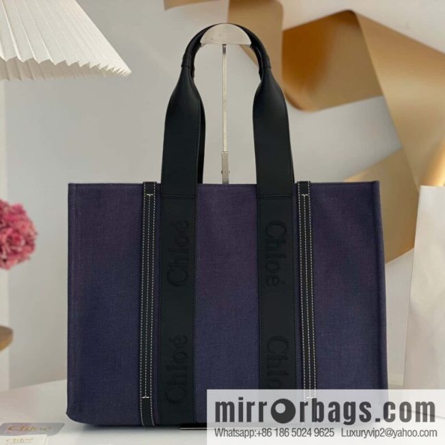 Chloe Woody linen with Pitot bag, navy blue with black large 45CM.