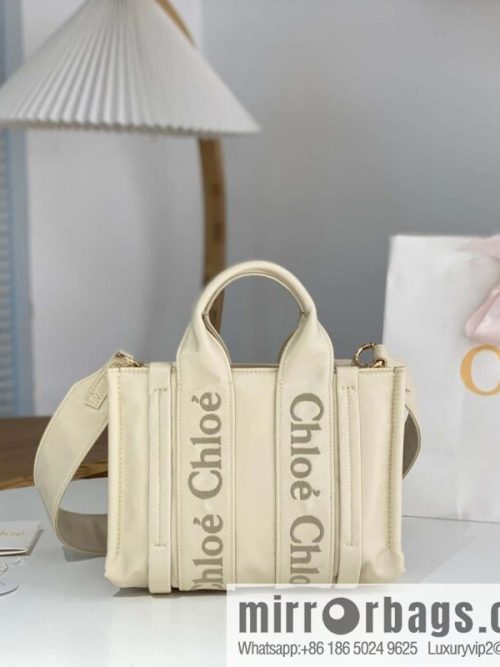 Chloe\'s new nylon new material Woody tote bag, small rice apricot 26CM.