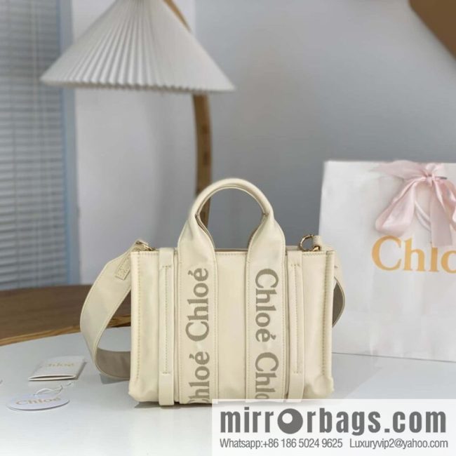 Chloe\'s new nylon new material Woody tote bag, small rice apricot 26CM.