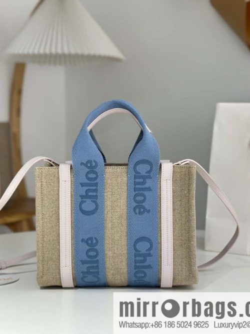 Chloe Woody Linen with Pitot Bag, Cream Powder/Blue Small 26CM