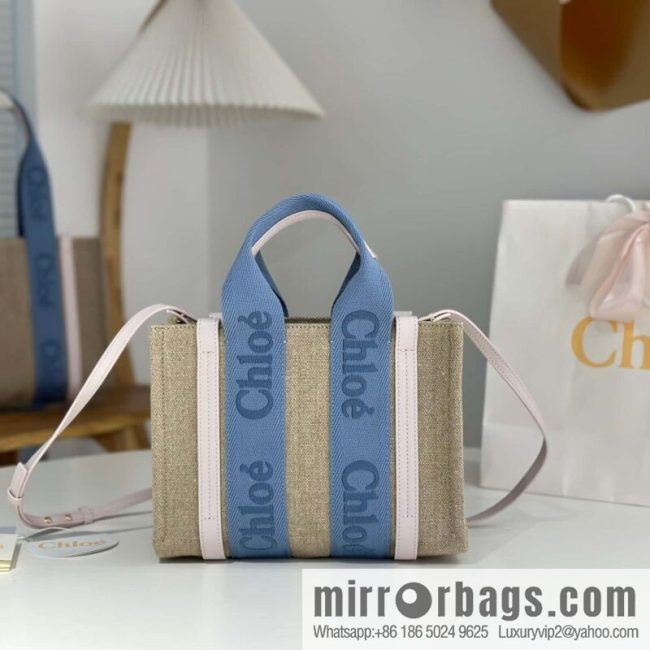 Chloe Woody Linen with Pitot Bag, Cream Powder/Blue Small 26CM