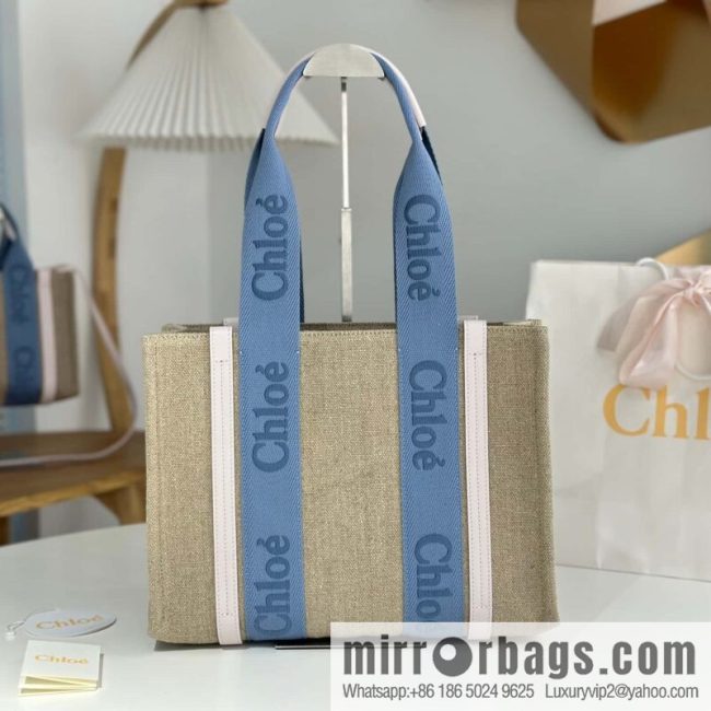 Chloe Woody Linen with Pitot Bag, Cream Powder/Blue Medium 37CM