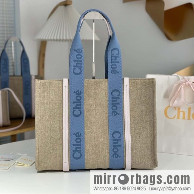 Chloe Woody Linen with Pitot Bag, Cream Powder/Blue Large 45CM