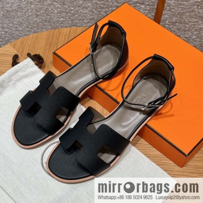 Hermès 196 Santorini sandals 50 palm print/Epsom black/CK89/Noir