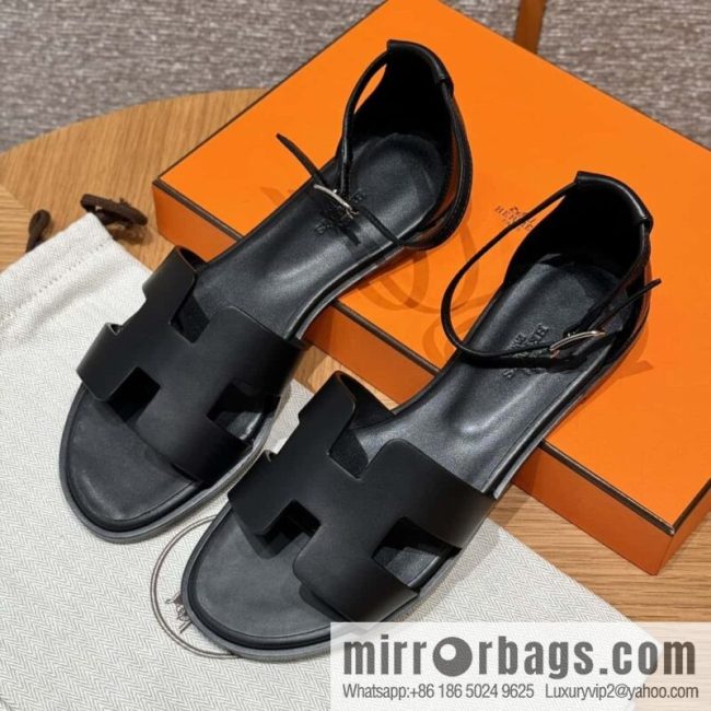 Hermès 196 Santorini Sandals 50 Plain Weave/Swift Black/CK89/Noir