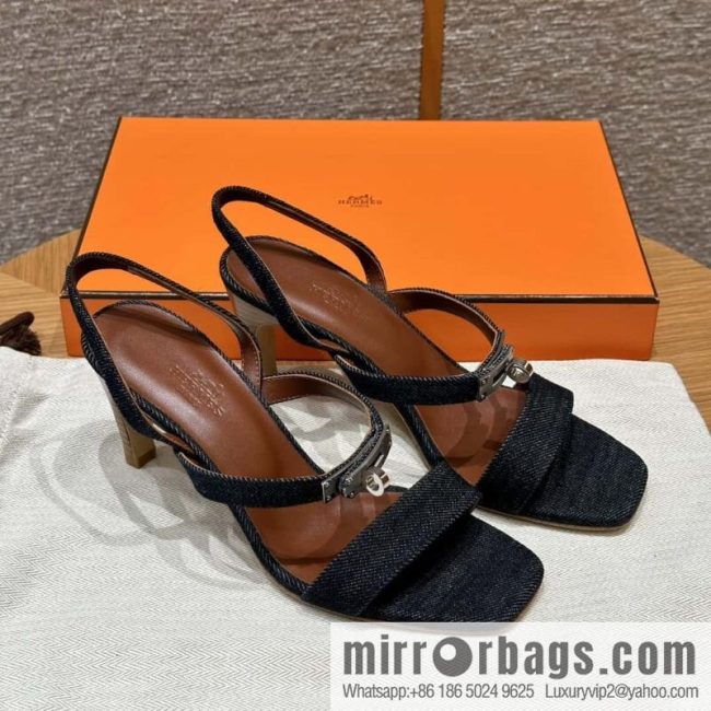 Hermès 160 Glamour Sandals 75 calfskin/calfskin, dark denim/Dark denim