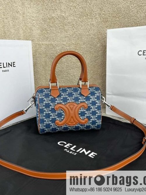 CELINE TRIOMPHE CANVAS S logo woven cow leather (fabric) Boston bag 113773 denim/brown