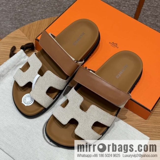 Hermès 225 CHYPRE SANDAL uncle shoes, brown patchwork/Ck37/gold/Cloth plain weave/Cloth/swift