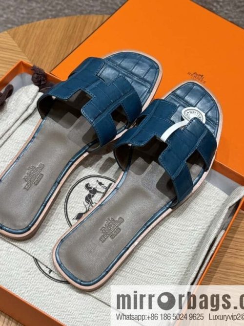 Hermès 181 Oran Sandals, Greek Blue/7Q/Mykonos Crocodile/alligator🐊