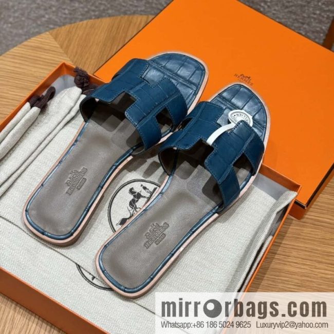 Hermès 181 Oran Sandals, Greek Blue/7Q/Mykonos Crocodile/alligator🐊