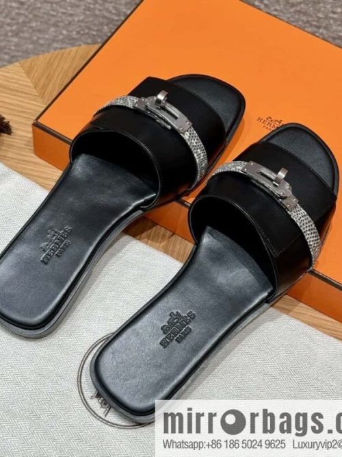 Hermès 183Kelly tow sandals /Giulia black/CK89/Noir/Himalaya/Lizard primary color calfskin with Lizard strip/Calfskin/Lizard/🦎