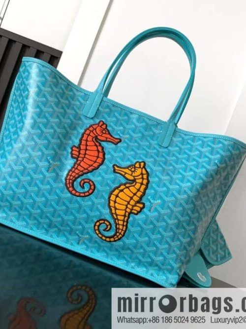 Goyard Goya Anjou Small Bag Goyardine canvas 020166M Seahorse Embroidery - Turquoise Blue Tote Bag shopping bag