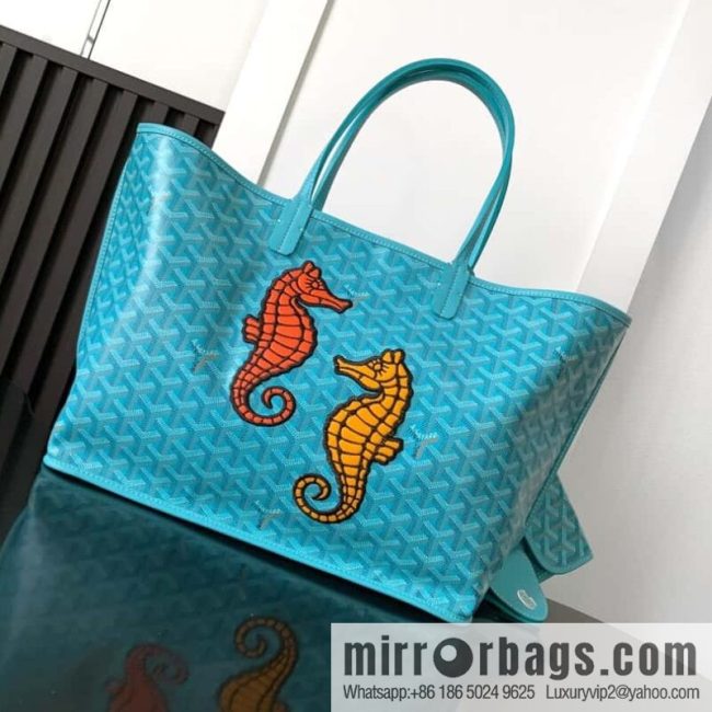 Goyard Goya Anjou Small Bag Goyardine canvas 020166M Seahorse Embroidery - Turquoise Blue Tote Bag shopping bag
