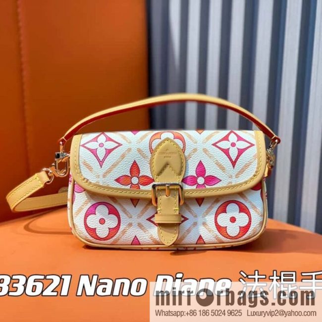 [Original order boutique] M83621 rose red printed mini baguette bag Nano Diane baguette handbag, rose red (2024 summer) By the Pool summer series