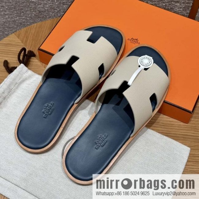 HERMES 182 Men\'s slippers Men\'s slippers Palmprint Calfskin/Epsom/Calfskin Milkshake White/ck10/Craie