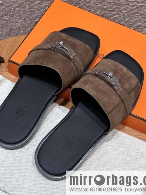 HERMES 183 GABRIEL Men\'s sandals, suede/Chamois leather brown/brown