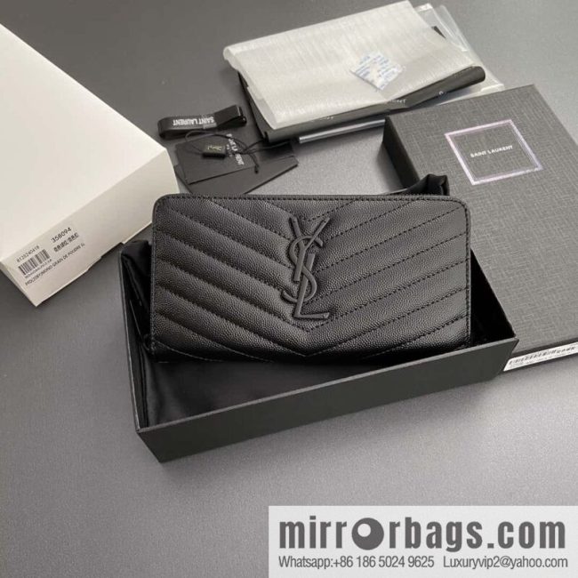 YSL MATELASSE flip grain embossed leather (fabric) wrap around zipper wallet 358094