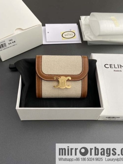CELINE TRIOMPHE Fabric Apricot Cloth and Cow Leather Short Wallet 10D782CQH.04LU783