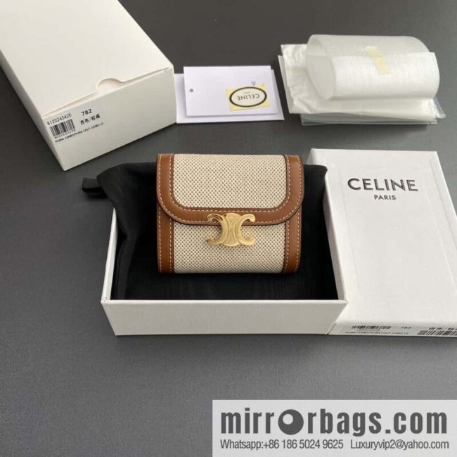 CELINE TRIOMPHE Fabric Apricot Cloth and Cow Leather Short Wallet 10D782CQH.04LU783