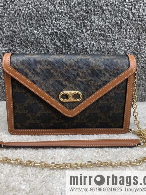 CELINE MAILLON TRIOMPHE logo printed sheepskin chain wallet 10H422 tan