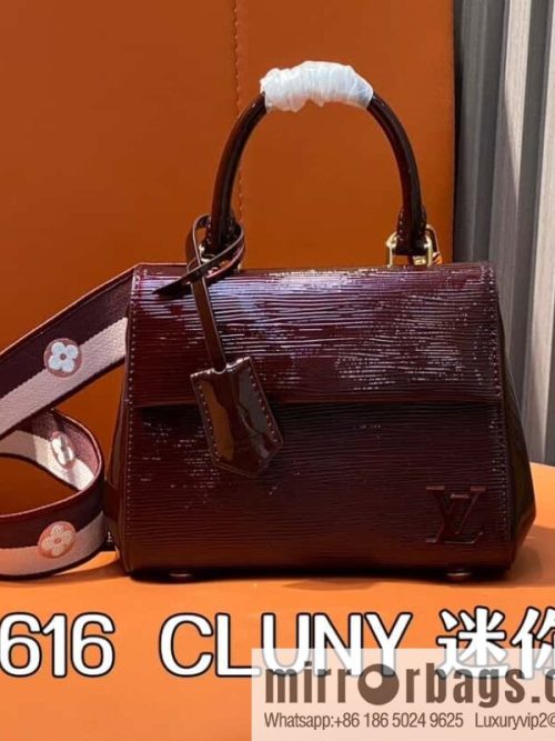 [Original order boutique] M24616 burgundy patent leather, water ripple handbag series CLUNY mini handbag M58928 M24616 bright burgundy (cloth shoulder color label)
