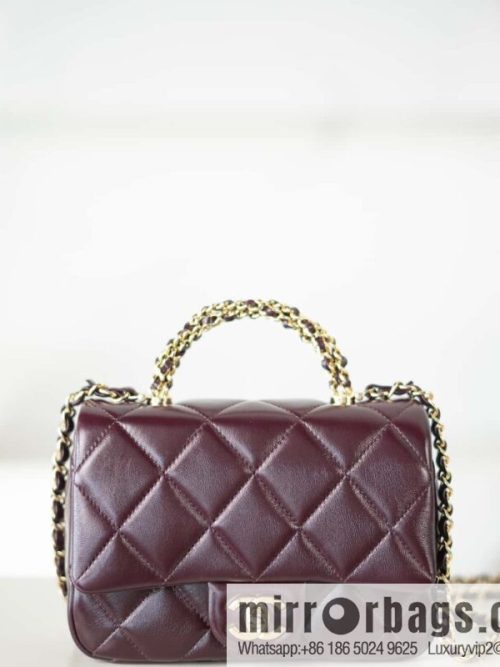 𝐂𝐇𝐀𝐍𝐄𝐋 𝟐𝟒𝐛 Flap new thick chain handle, square fat man, small, burgundy AS5032