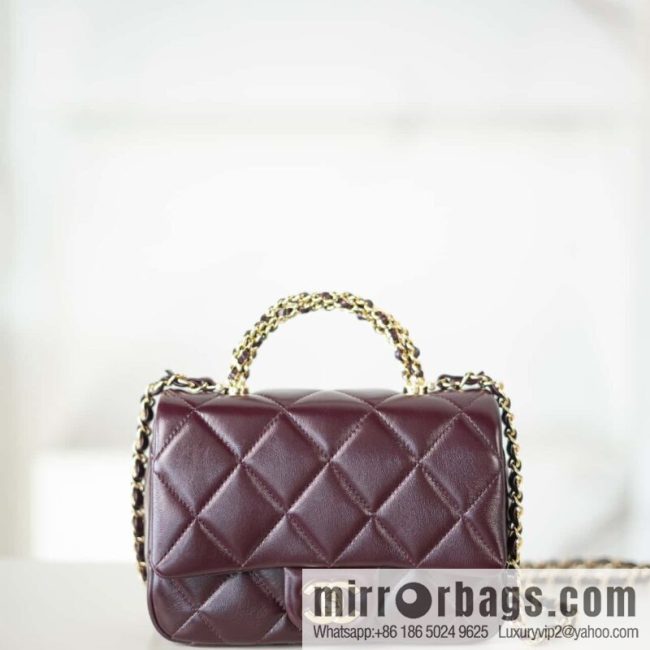 𝐂𝐇𝐀𝐍𝐄𝐋 𝟐𝟒𝐛 Flap new thick chain handle, square fat man, small, burgundy AS5032