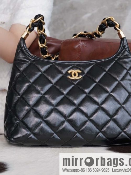 𝐂𝐡𝐚𝐧𝐞𝐥 𝟮𝟰𝗮 Premium Handicraft Workshop Hobo Black, Large, Genuine Leather AS4923