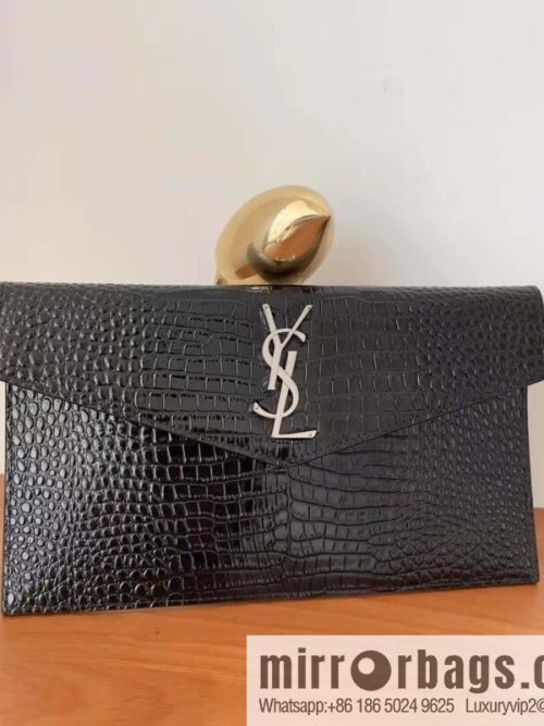 YSL 𝑼𝒑𝒕𝒐𝒘𝒏_ crocodile clutch 565739 black/silver buckle