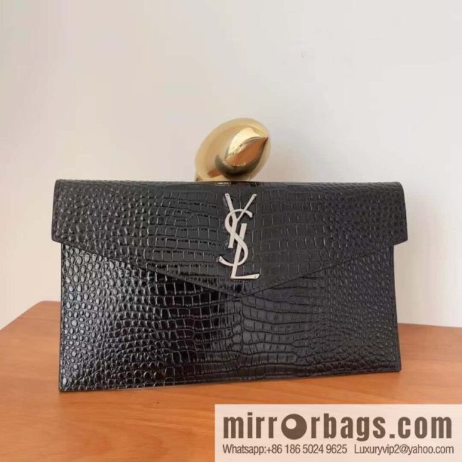 YSL 𝑼𝒑𝒕𝒐𝒘𝒏_ crocodile clutch 565739 black/silver buckle