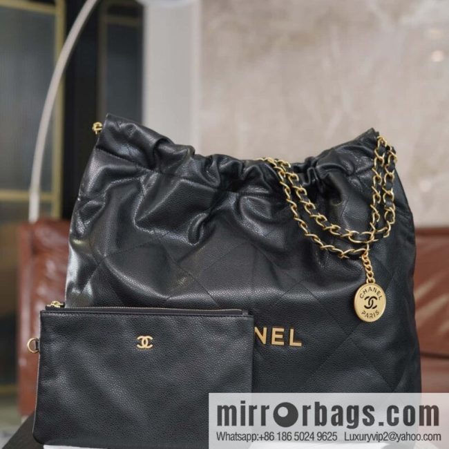 𝐂𝐇𝐀𝐍𝐄𝐋 𝟐𝟒𝐛 new litchi pattern handbag, medium black gold buckle AS3261