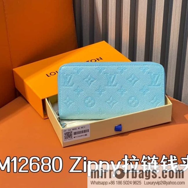 [Original single boutique] M12680 pearlescent blue full leather embossed, single zipper wallet series Zippy zipper wallet