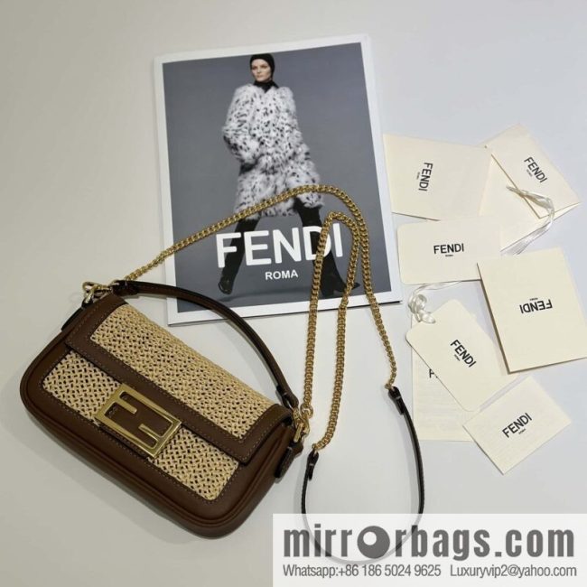 FENDI Baguette hand-woven raffia handbag, model number: 8666S red-brown