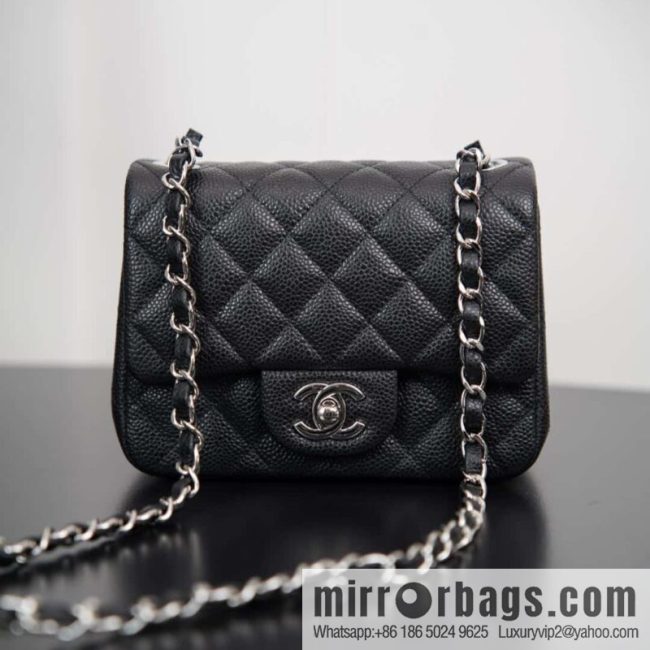 ℂ𝔽 𝗖𝗹𝗮𝘀𝘀𝗶𝗰 𝗙𝗹𝗮𝗽 | genuine leather lychee pattern, Fatty Fang, black silver 🖤 A01115