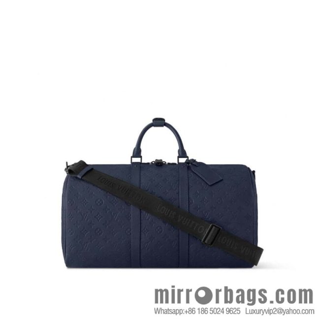 [Original single boutique] M14840 dark blue, full leather embossed travel bag KEEPALL BANDOULIZRE 50 travel bag