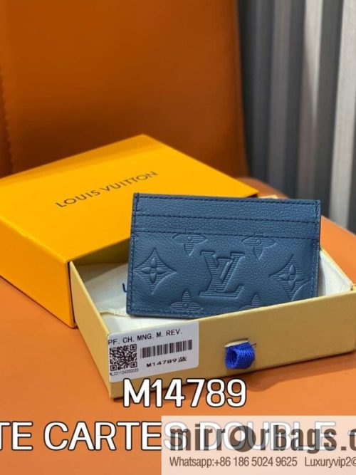 [Original order boutique] M14789 dark blue full leather embossed card holder wallet PORTE CARTES DOUBLE card