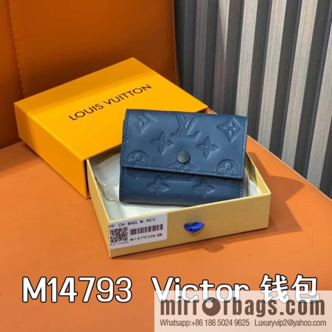 [Original single boutique] M14793 dark blue, full leather embossed M12598 tri-fold wallet Victor wallet