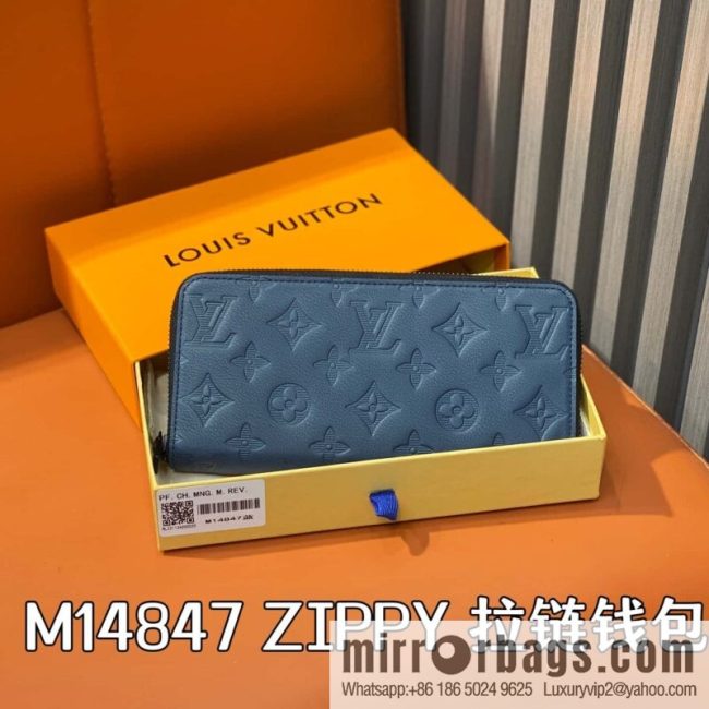 [Original single boutique] M14847 dark blue, full leather embossed single zipper wallet ZIPPY zipper wallet