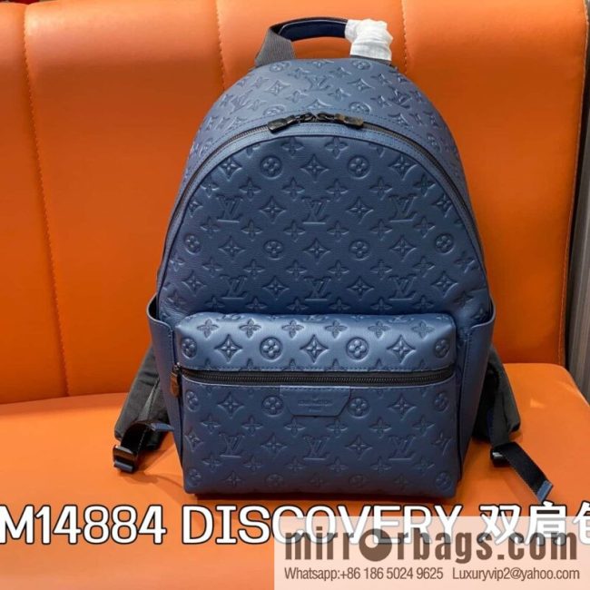 [Original single boutique] M14884 dark blue, opposite version shoulder strap full leather embossed backpack DISCOVERY backpack