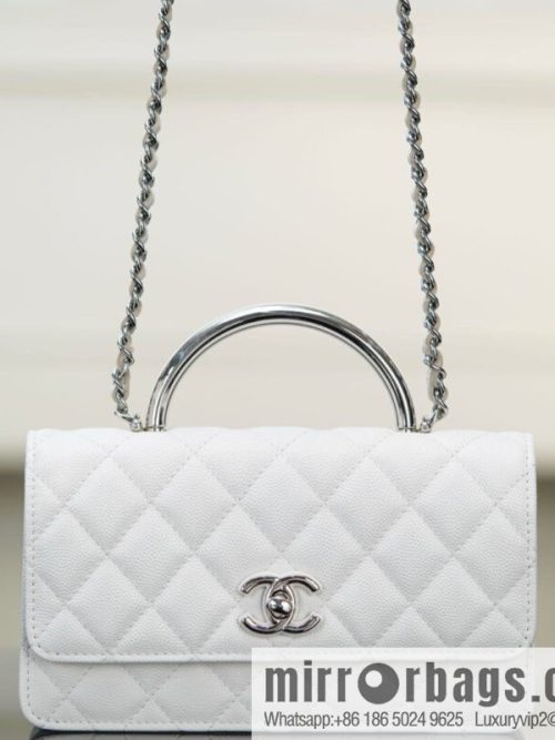 𝐂𝐡𝐚𝐧𝐞𝐥 𝟐𝟓𝐏 Handle Organ Bag, Silver 🤍 Litchi Cow AP3705
